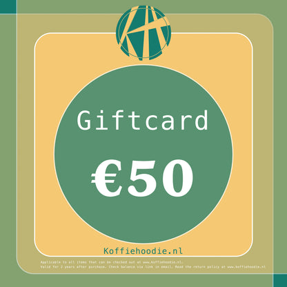 Giftcard waardebon voor de koffie hoodie liefhebber 50 euro.