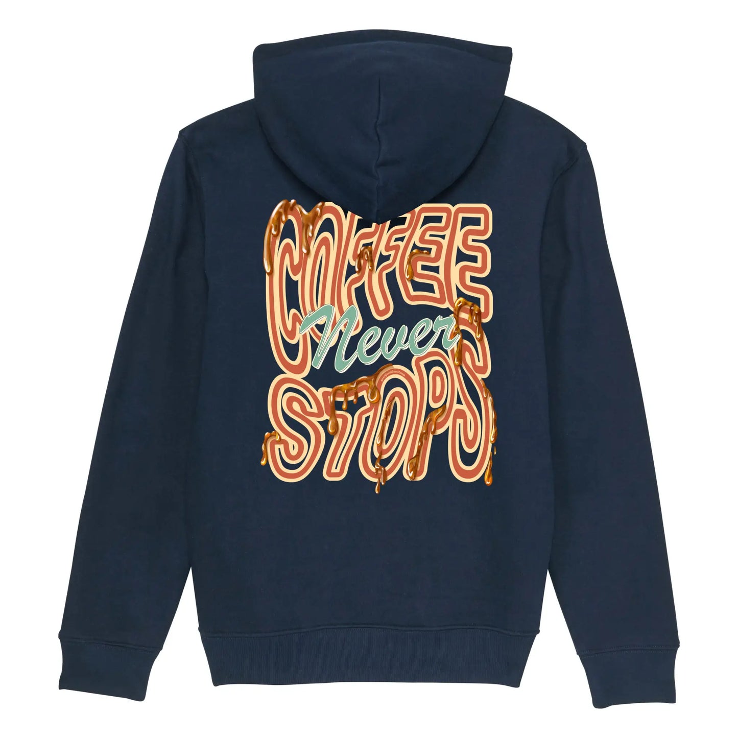 Hoodie blauw met koffie print en tekst Coffee Never Stops op achterkant.