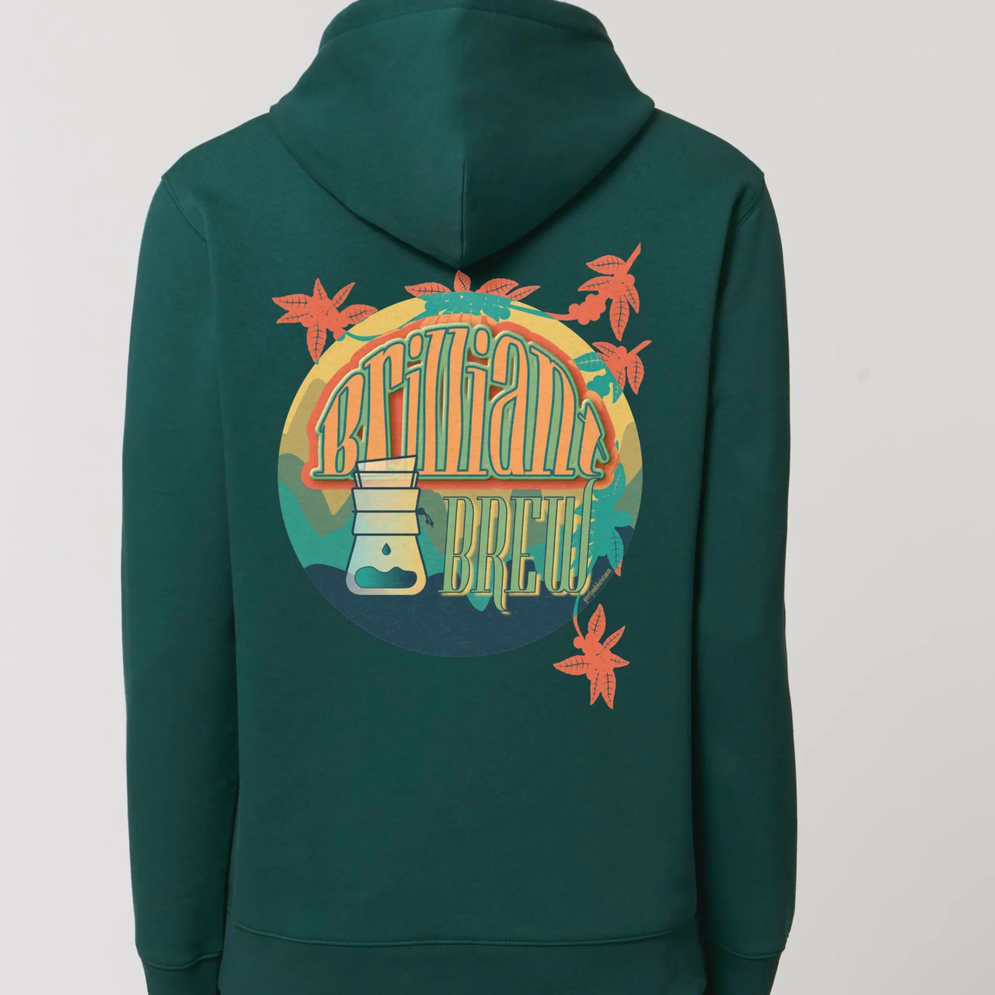 Hoodie groen met koffie bedrukking en tekst op rug 2.