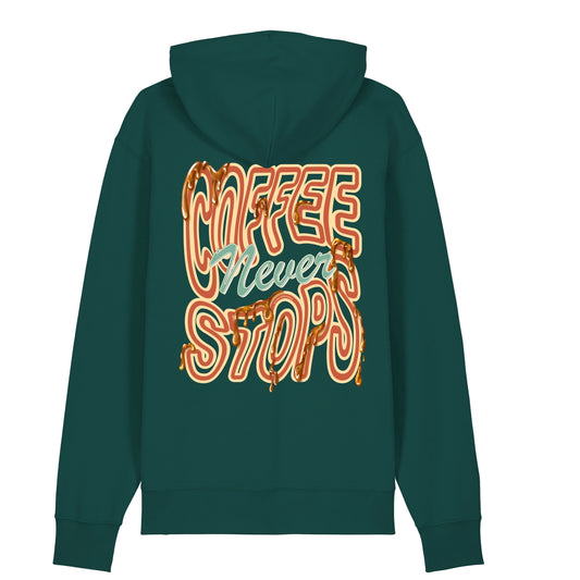 Hoodie groen met koffie print en tekst Coffee Never Stops op achterkant 2.