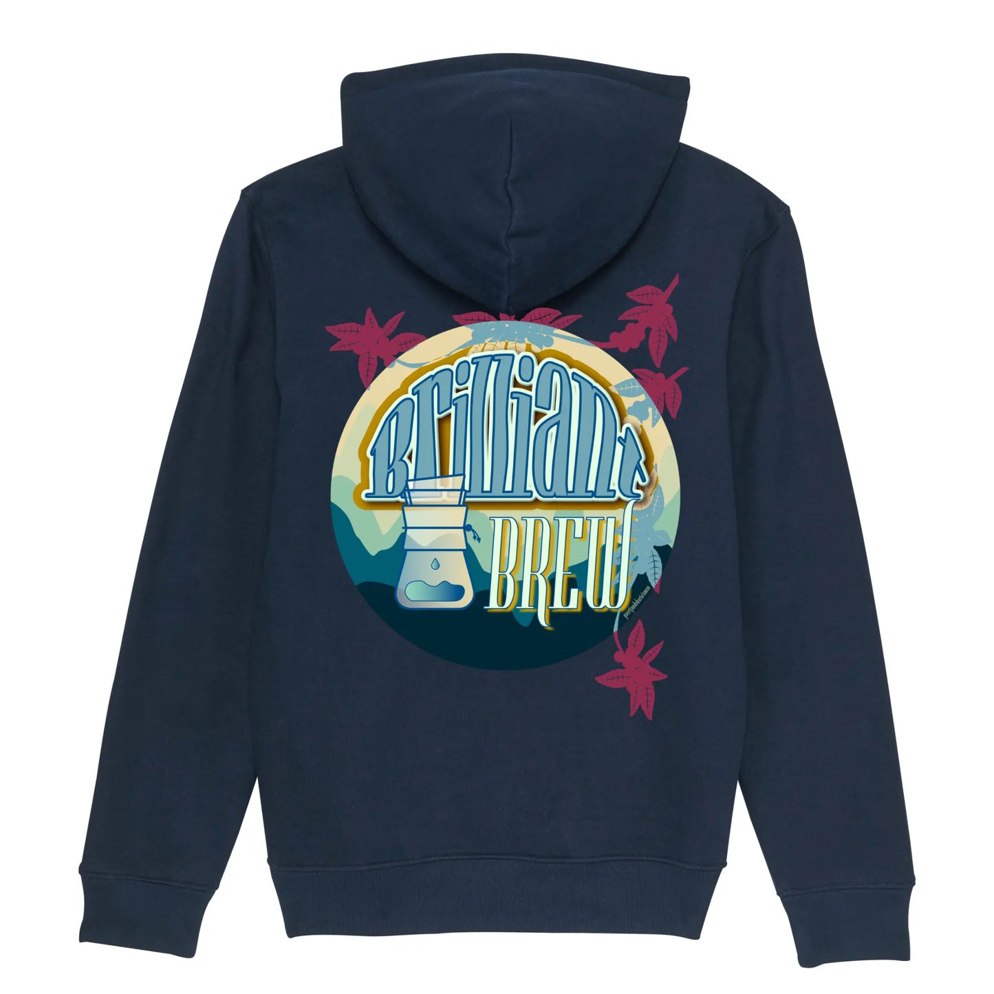 Hoodie organic blauw met koffie afbeelding van chemex quote op achterkant rug 2. 