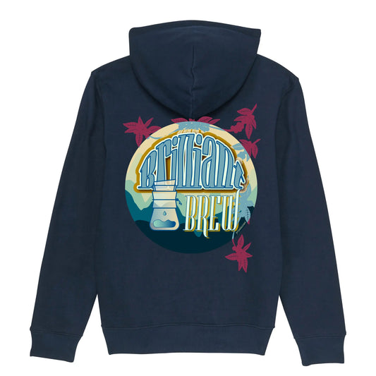 Hoodie organic blauw met koffie afbeelding van chemex quote op achterkant rug 2. 