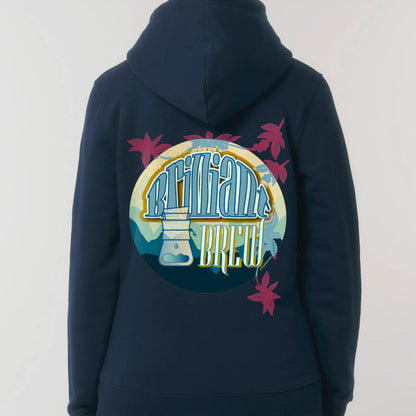 Hoodie organic blauw met koffie afbeelding van chemex quote op achterkant rug 3.