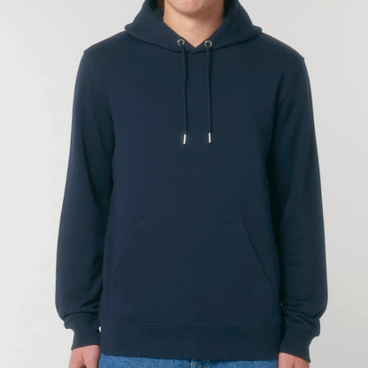 Hoodie organic blauw met koffie afbeelding van chemex quote op achterkant rug 8.