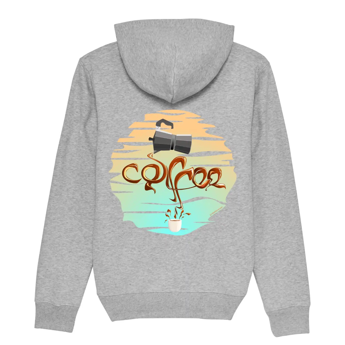 Hoodie organic grijs met koffie afbeelding van percolator en coffee tekst op rug.