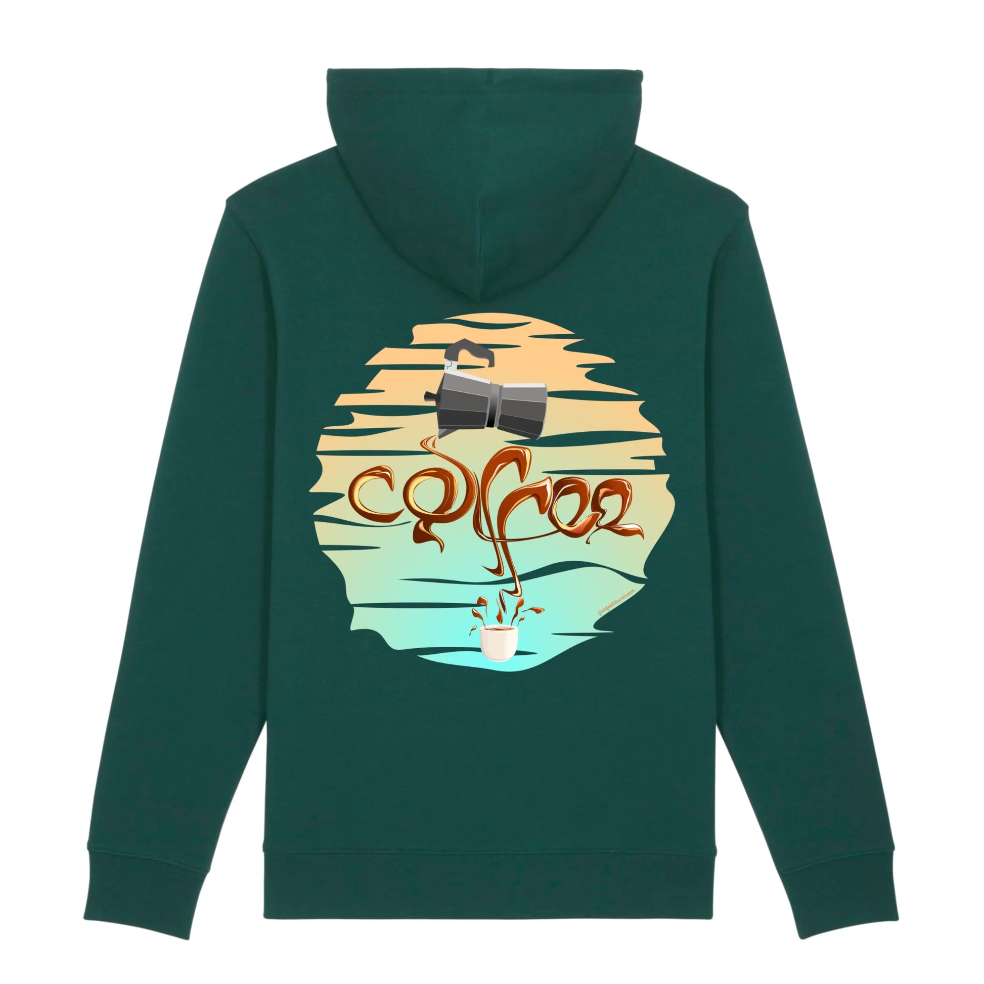 Hoodie organic groen met koffie afbeelding van percolator en coffee tekst op rug.