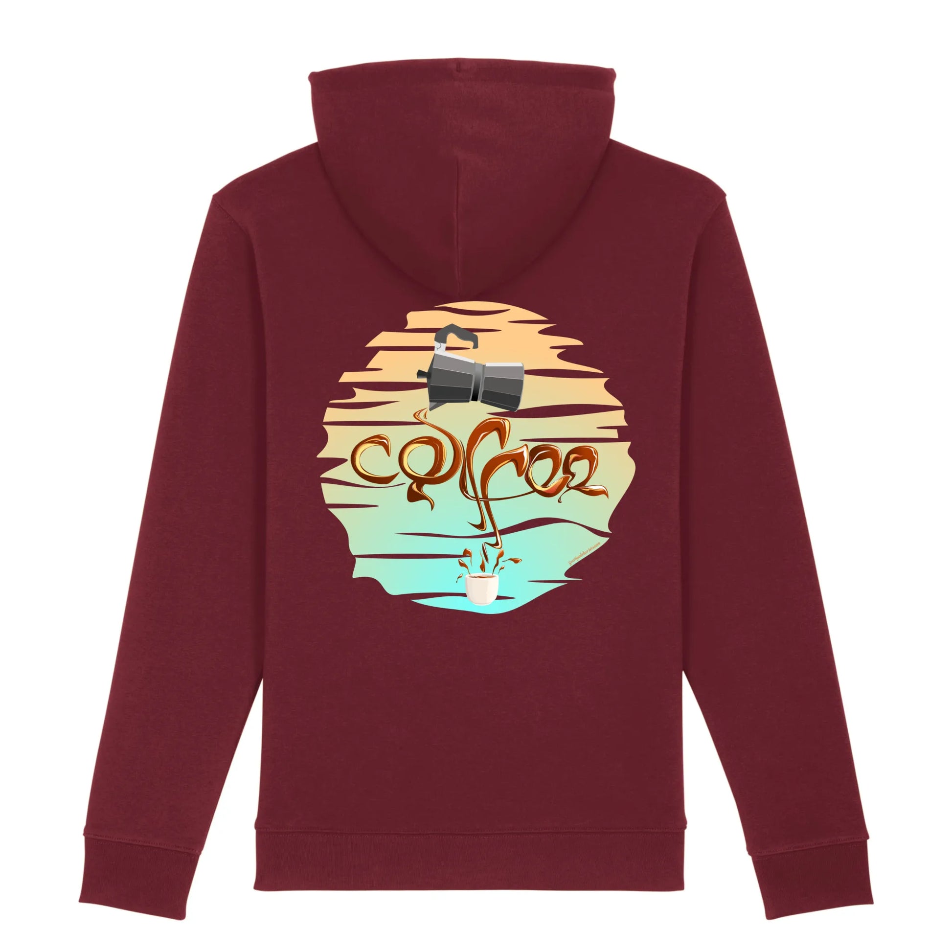 Hoodie organic rood met koffie afbeelding van percolator en coffee tekst op rug.