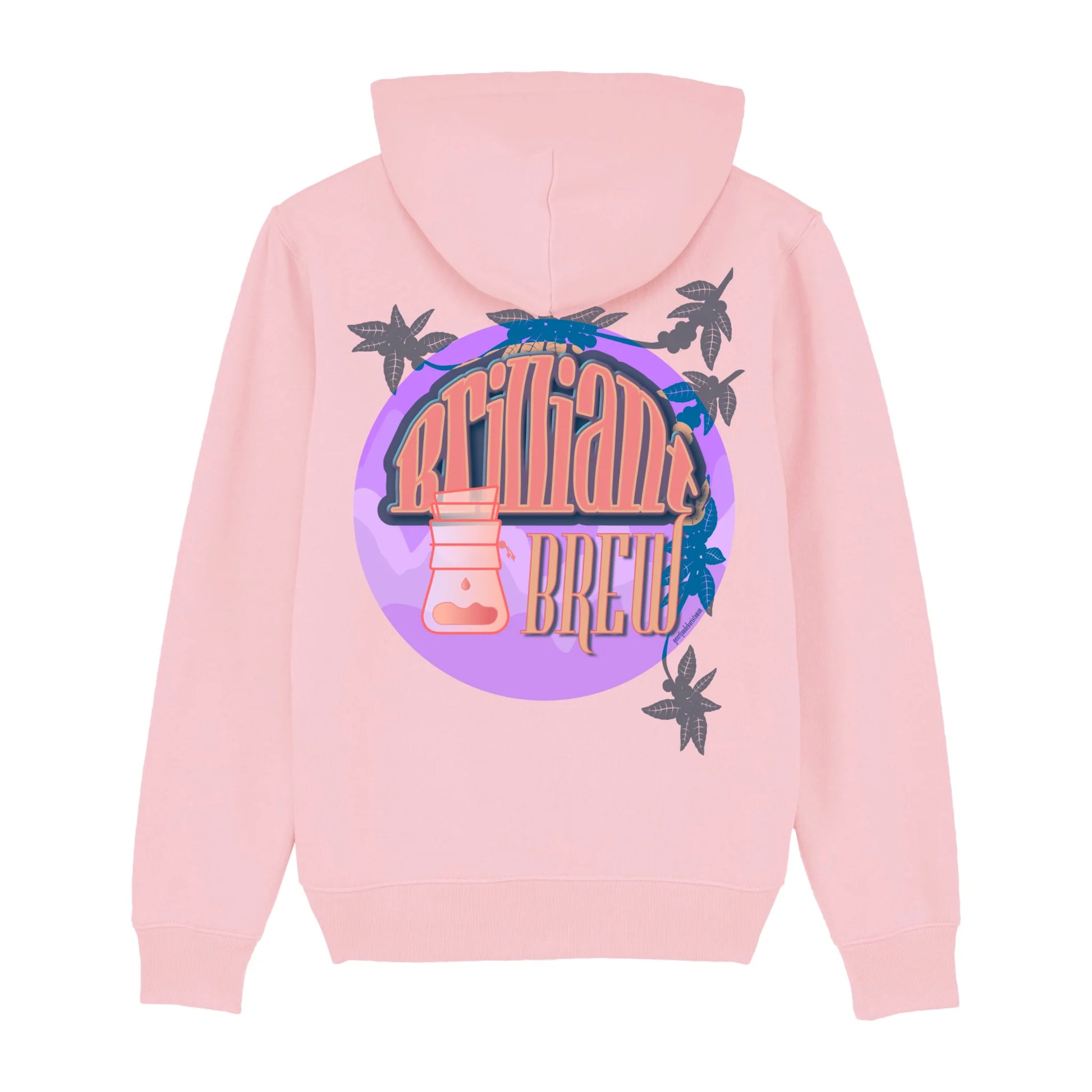 Roze Hoodie organic koffie afbeelding en tekst achterkant.