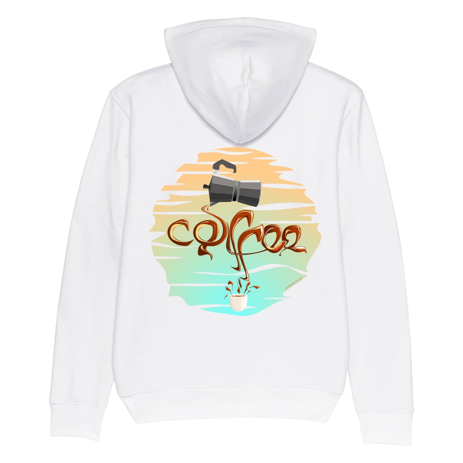 Hoodie organic wit met koffie afbeelding van percolator en coffee tekst op rug.