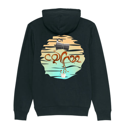 Hoodie organic zwart met koffie afbeelding van percolator en coffee tekst op rug.