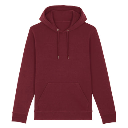 hoodie rood met koffie opdruk en brilliant brew quote op rug. Productafbeelding voorkant.