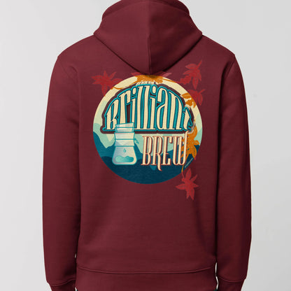 hoodie rood met koffie opdruk en brilliant brew quote op rug. Productafbeelding 2.