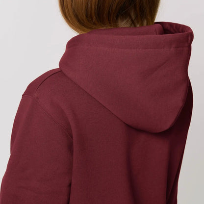 hoodie rood met koffie opdruk en brilliant brew quote op rug. Productafbeelding close-up 3.