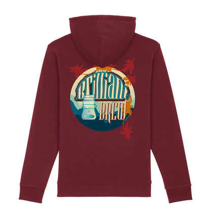 hoodie rood met koffie opdruk en brilliant brew quote op rug. Productafbeelding.