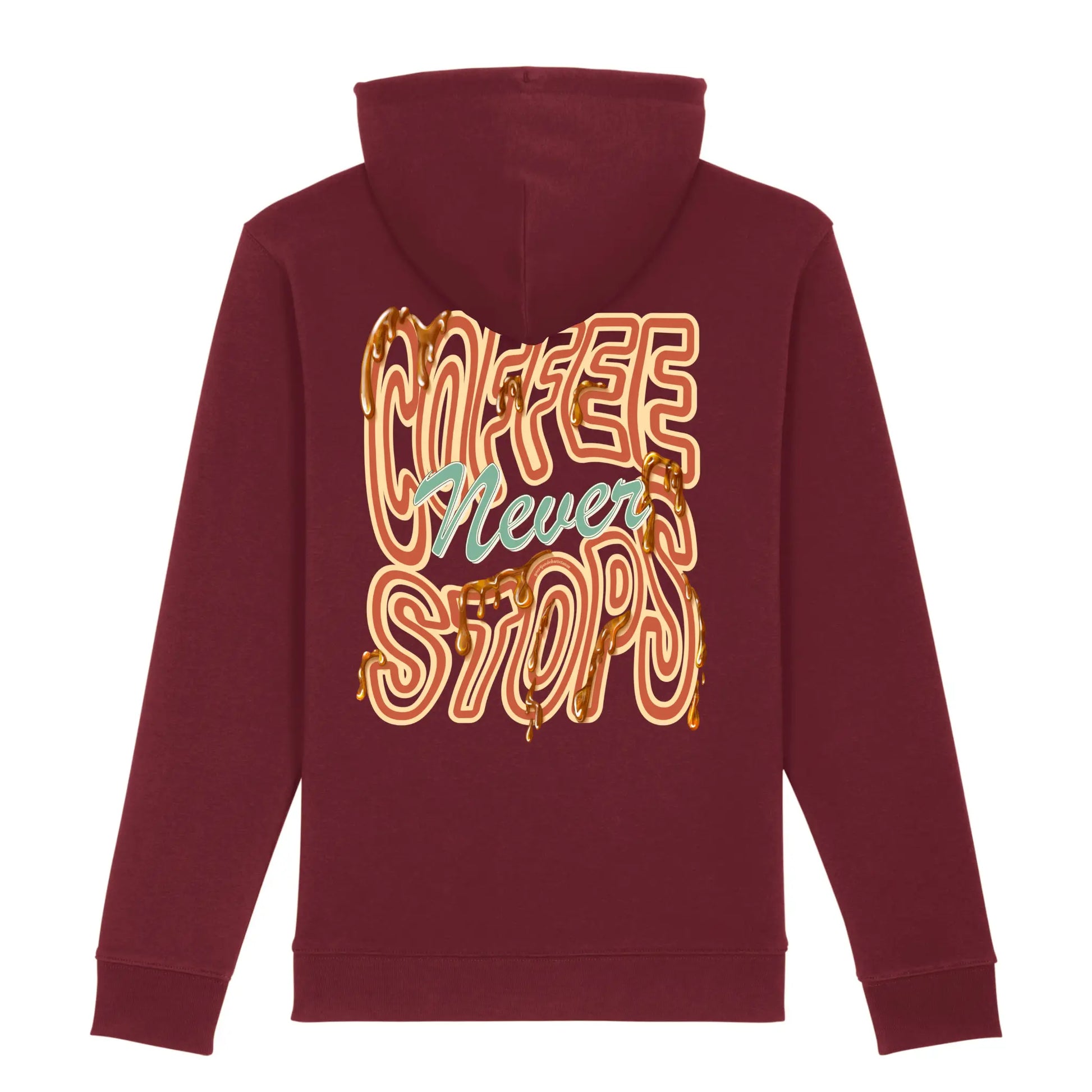 Hoodie rood met koffie print en tekst Coffee Never Stops op achterkant.