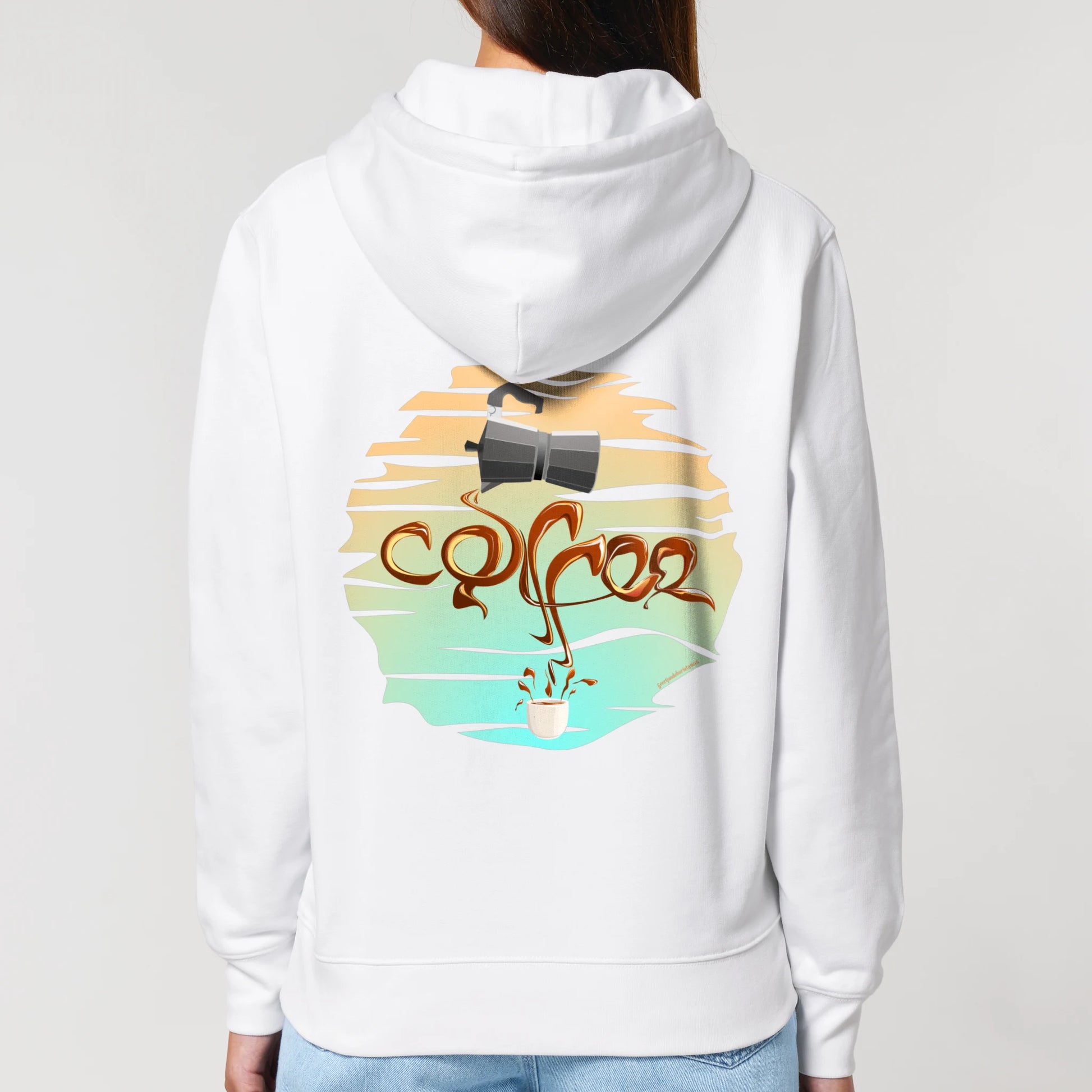 Hoodie organic wit met koffie afbeelding van percolator en coffee tekst op rug 2.