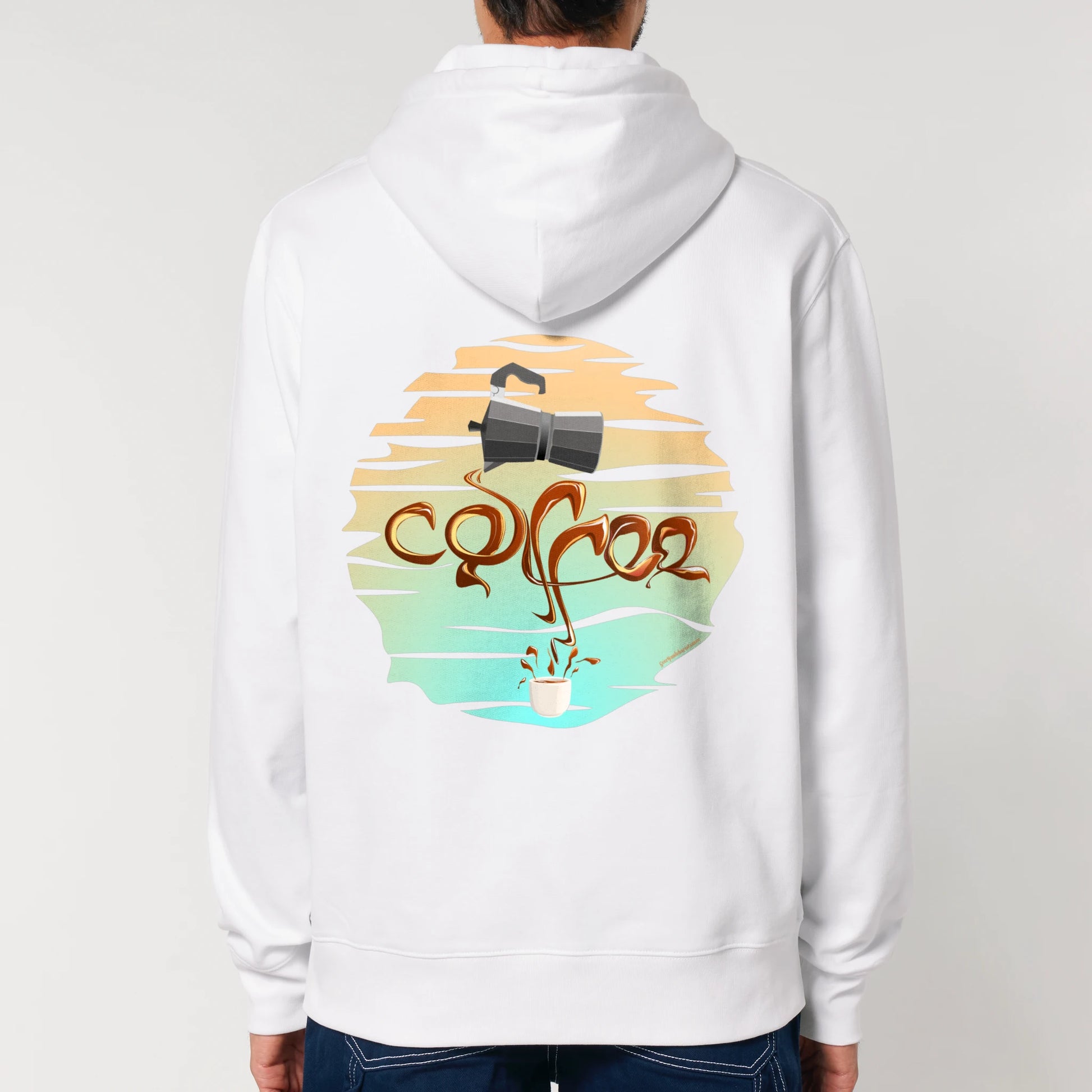 Hoodie organic wit met koffie afbeelding van percolator en coffee tekst op rug.