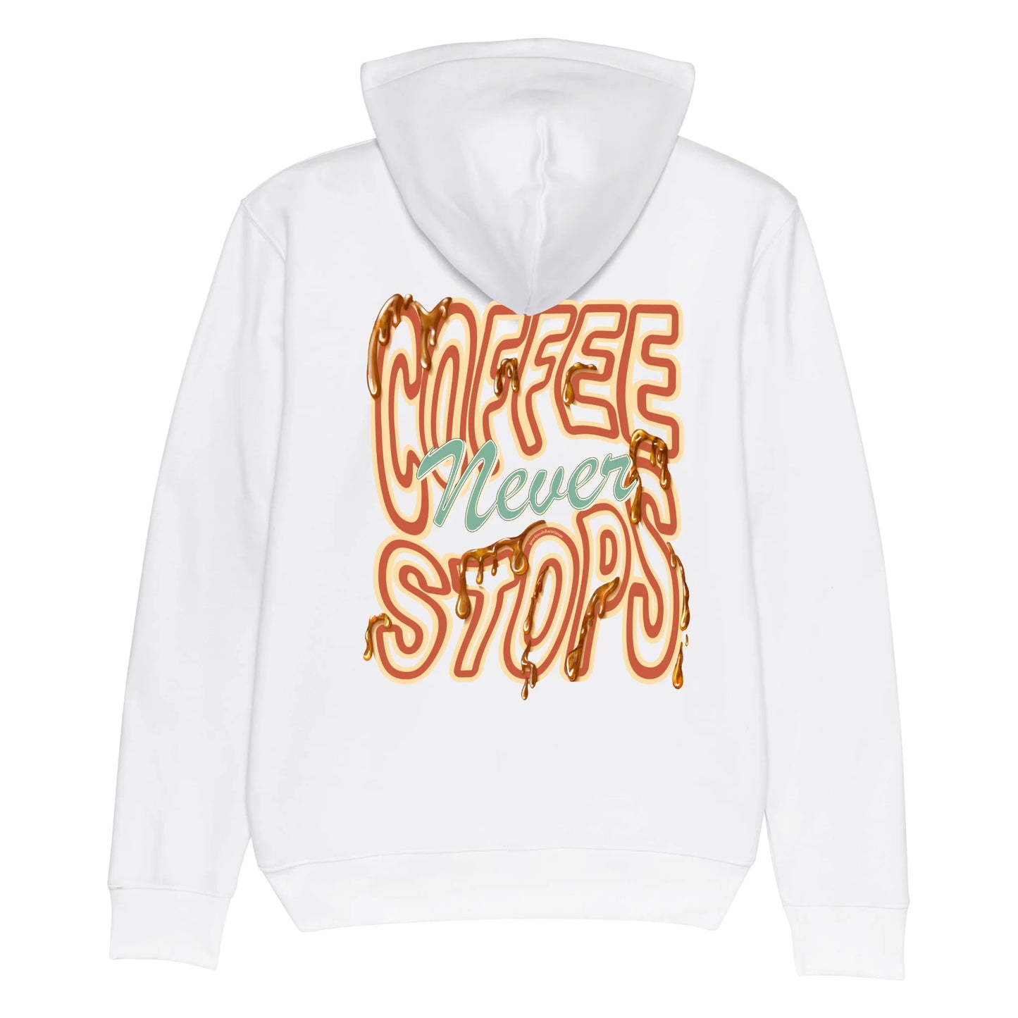 Hoodie wit met koffie print en tekst Coffee Never Stops op achterkant.